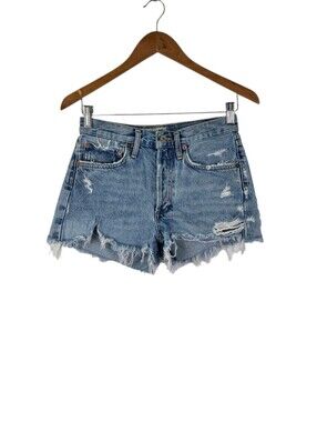 Agolde Parker Cotton Denim Shorts Distressed Button Fly Cut Off Raw Hem Size 24